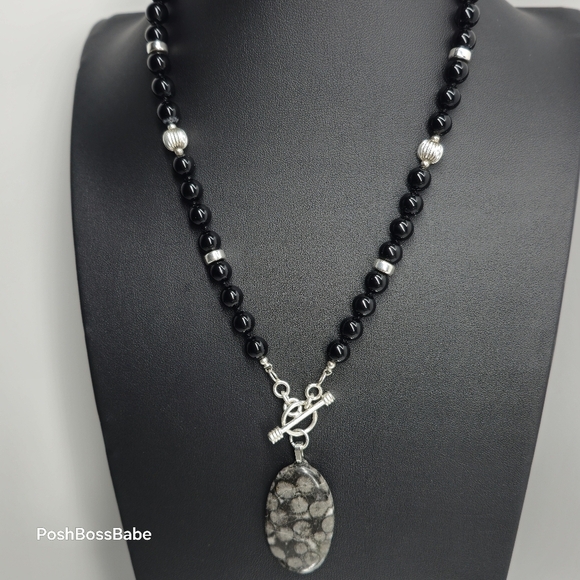 Handmade Black Glass Bead Necklace with Zebra Jasper Pendant - Picture 6 of 10